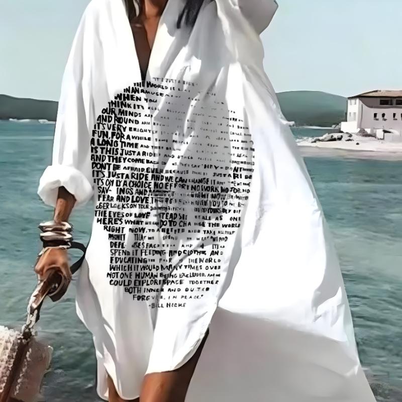 Spring or Summer Chic Ladies's Loose Casual Long Sleeve Shirt Dress Elegant Ladies's Casual White Print Lapel Single Breasted Dress