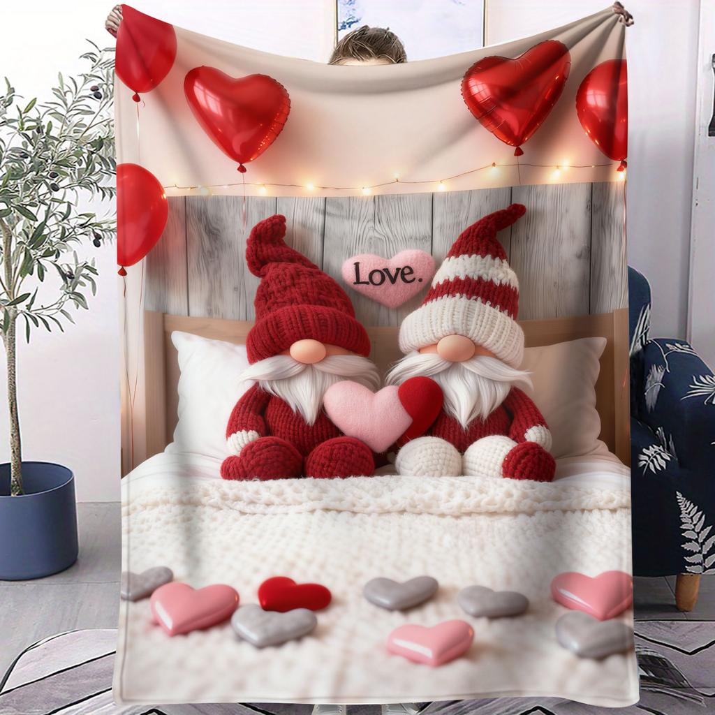 Cute Gnome Couple Flannel Blanket Heart Pattern Warm Throw Lightweight Cozy Cover for Living Room Christmas Valentine's Day Gift