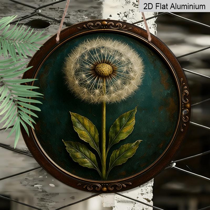 2D Flat, 1pc Vintage Aluminum Metal Sign Wall Art, Dandelion Design with Teal Background & Ornate Golden Frame, 7.87in Indoor/Outdoor Home Cafe
