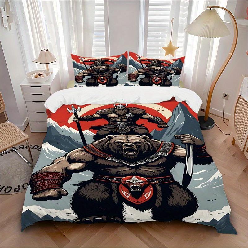 

3pcs Viking Bear Soft Comfortable Bedding set, For Bedroom, Guest Room And Dorm, All - Season Use, High-Definition Printing132 135x200cm
