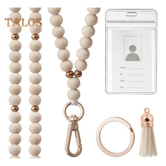 

Деревянный шнурок для удостоверения личности, шнурок для учителя с держателем удостоверения личности, брелок в стиле бохо, шнурок с бусинами, подвеска из натуральной деревянной бусины E