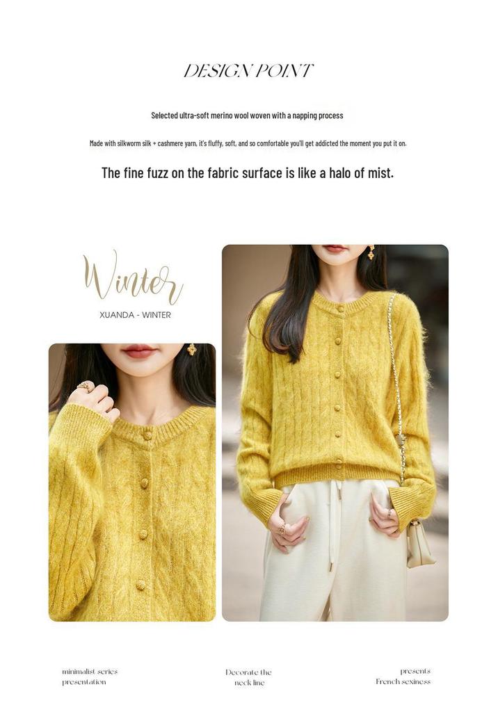2026 Autumn/Winter Women's Cashmere Wool Cable Knit Cardigan Sweater, Round Neck, Long Sleeve, Brushed Yarn.