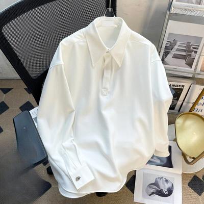 Chemise Homme Style Preppy Automne Hiver Ample Revers Pull Homme Ample Polyvalent Couleur Unie Manches Longues Blouse
