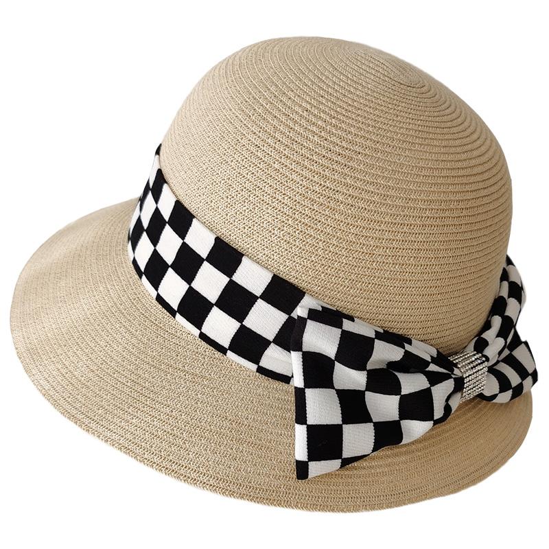 Rhinestone checkerboard bow sun straw hat women's summer straw shading hat seaside beach bucket hat basin hat