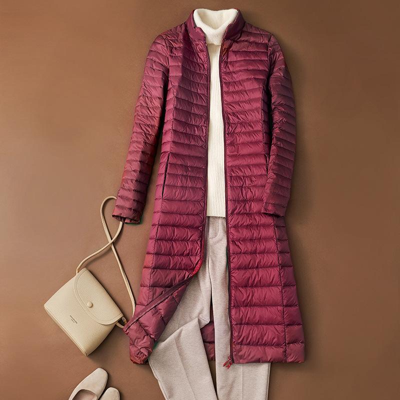 Woman's Ultra Light Down Jackets Stand Collar Slim Knee Length White Duck Down Coats Women Down Parkas Lady Overcoats