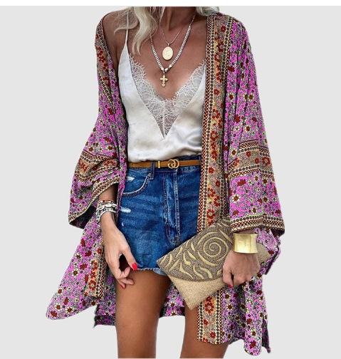 Women Summer Full Sleeved Vintage Kimono Casual Cardigans Plus Size Beach Coverups