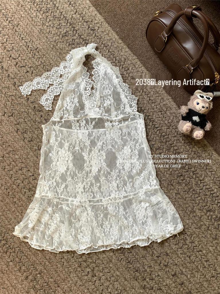 Winter 2024 Women's Lace Slip Dress - Sleeveless, Layered, Waist-Hugging with Bow