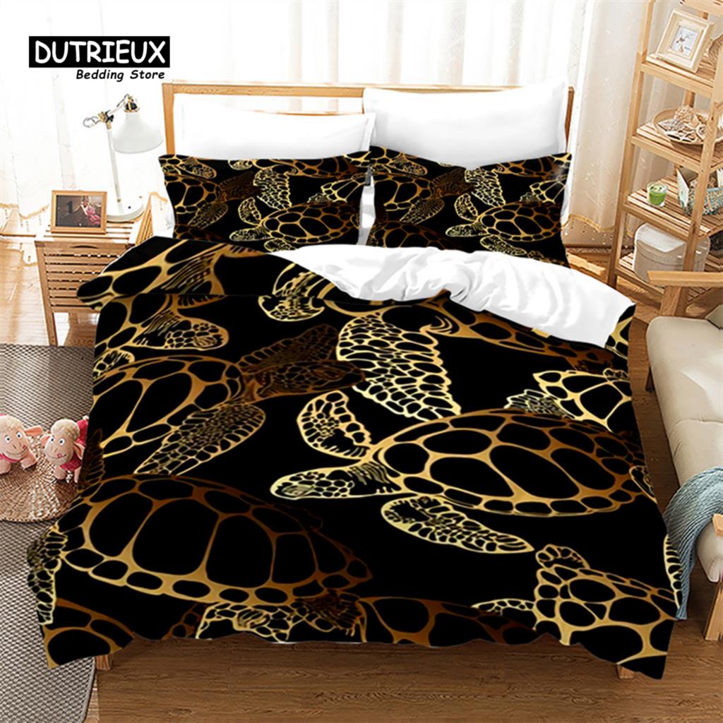 Exotic Turtle Duvet Cover Full King Microfiber Kawaii Sea Animal Comforter Cover Bohemia Tattoo Style Ocean Theme Bedding Set