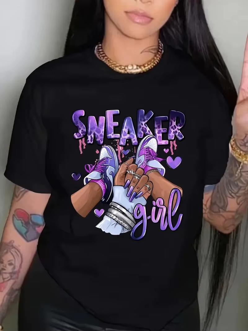 Plus Size Sneaker Girl Graphic Print T-shirt, Casual Short Sleeve Crew Neck Top, Women s Clothing XL