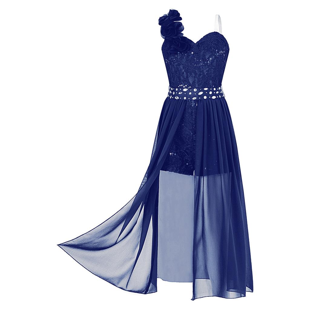 Vestito da Festa con Applicazione Brillante di Perline per Ragazze Tuta con Pizzo e Paillettes Romper con Sovrapposizione in Chiffon Vestito per Compleanno e Ballo di Fine Anno
