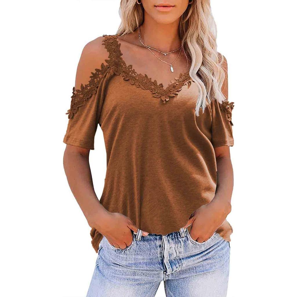 Women's Fashion V-Neck Splicing Lace Suspenders Hollow Loose Short-Sleeved Tops