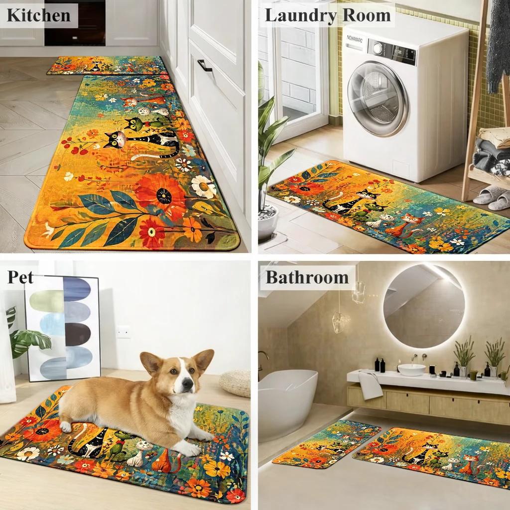 Vibrant Floral Cat Garden Doormat Entrance Rug Welcome Mat Cute Animal Boho Style Home Decor Waterproof House Mat