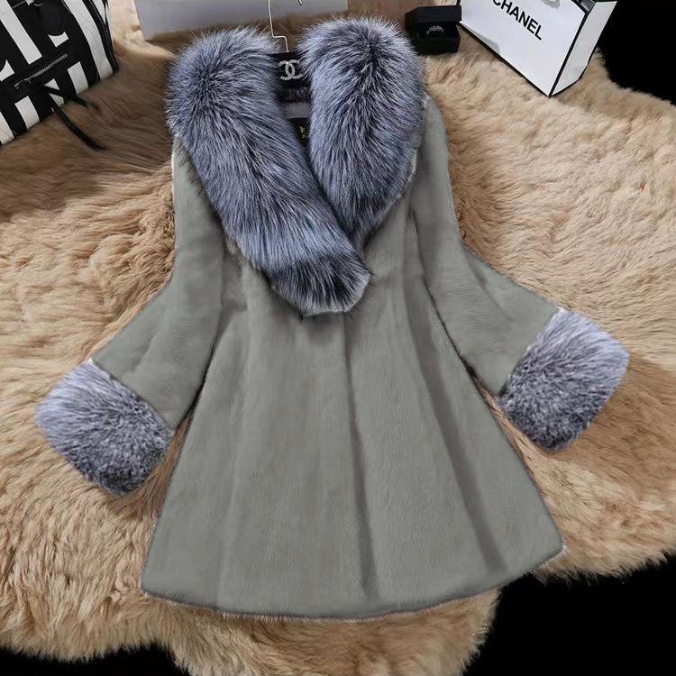 Women's Mid-Length Faux Fur Coat with Large Collar