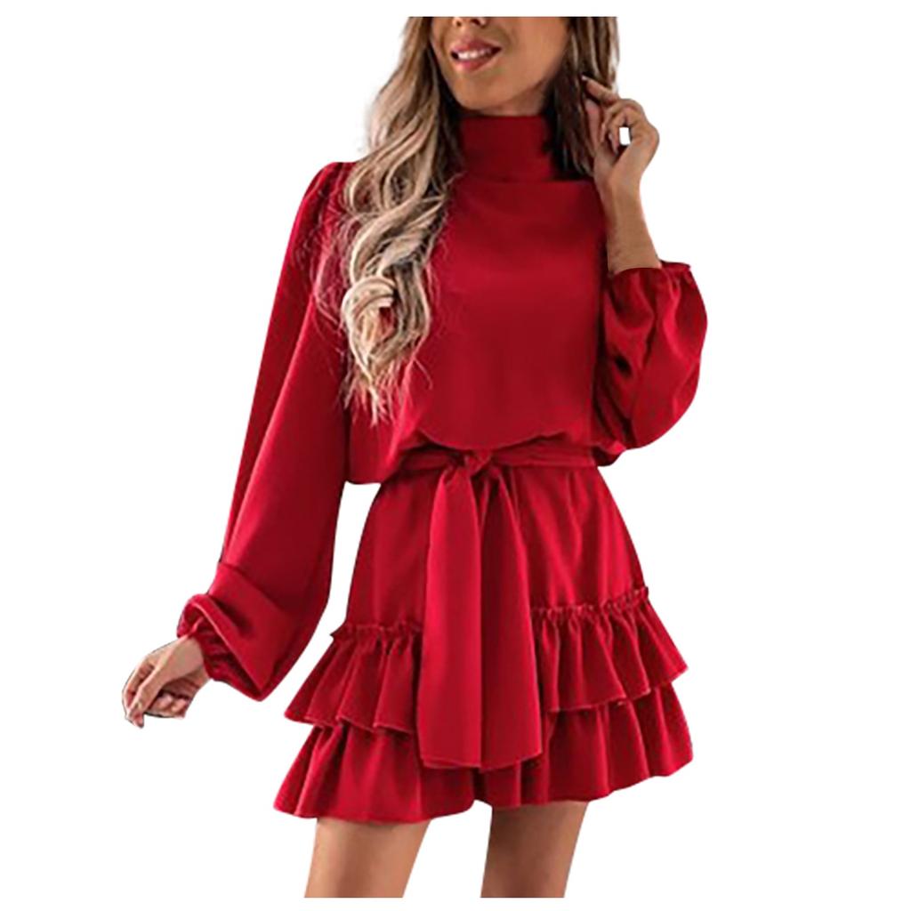 Women's Casual Solid Color New Long Sleeve Solid Color Loose Ruffle Dress