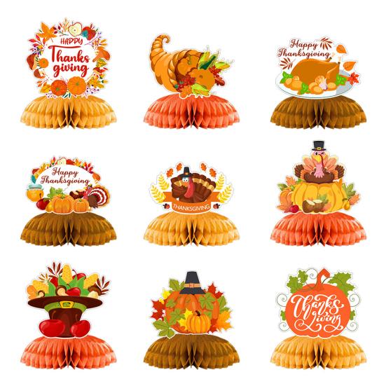 9 Pcs Fall Thanksgiving Honeycomb Decor Paper Pumpkin Maple Leaf Turkey Centerpiece 3D Honeycomb Standing Table Topper for Autumn Harvest Kitchen