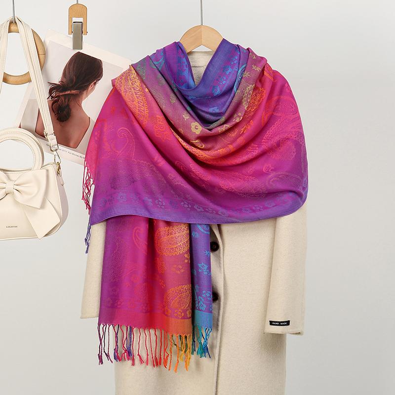 Women Winter Elegant Jacquard Pashmina Imitation Cashmere Scarf Lady Rainbow Color Shawl Thick Warm Wrap Coldproof Blanket Scarf