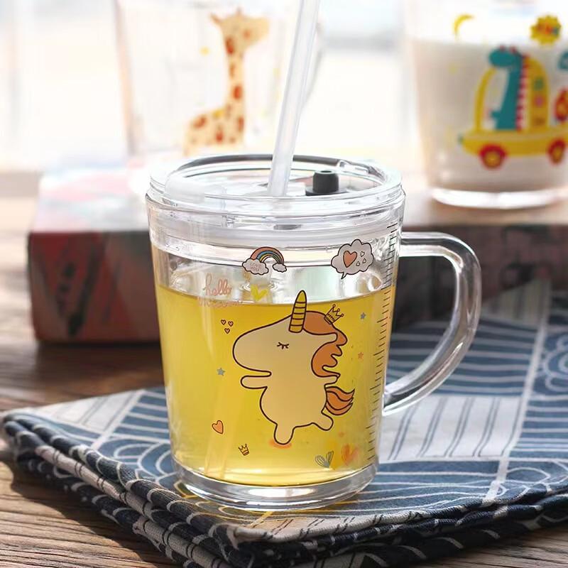 

Lantuan Children s Unicorn Glass Milk Cup with Handle and Silicone Straw