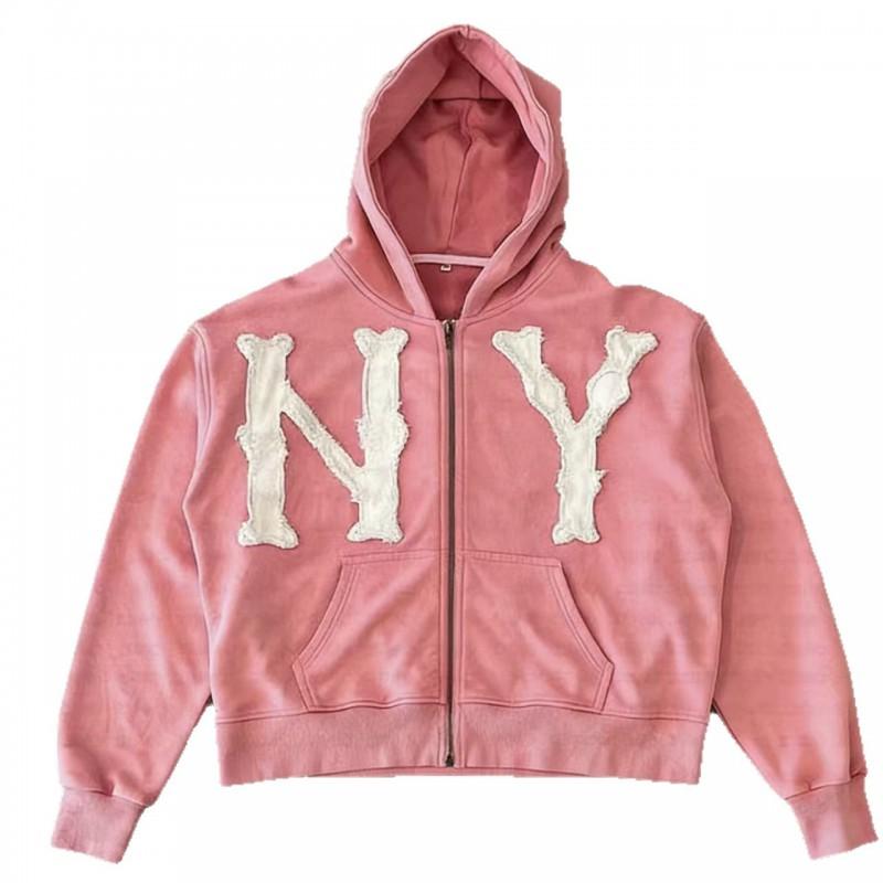 Mens Hooded Zip-Up Sweatshirt With Embroidered NY - Loose Fit Casual Pullover Fall