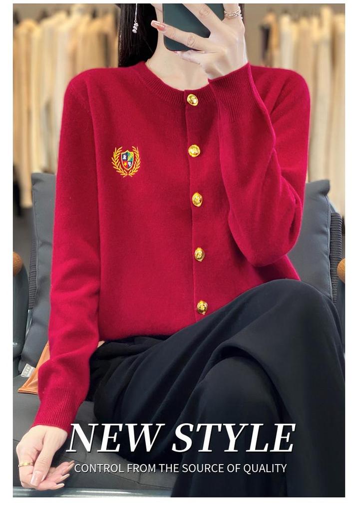 100% Wool Women's Embroidered Knit Cardigan - Spring Long Sleeve, Versatile, Thin, Solid Color