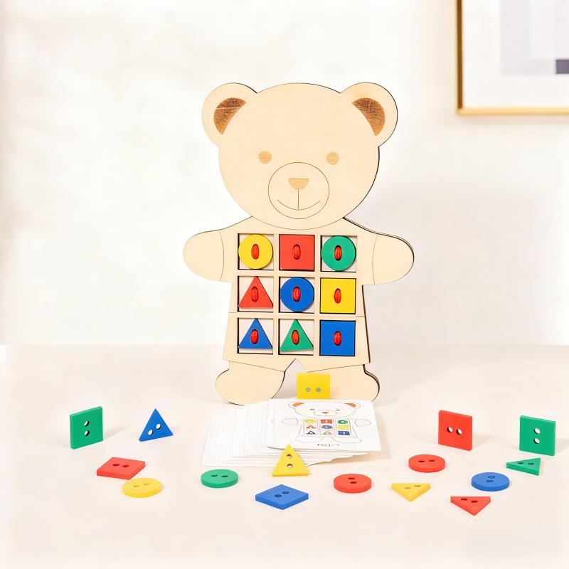 Montessori Toy Wooden Little Bear Geometry Matching Puzzle Rope Threading Game Parent Child Interactive Board Game Education