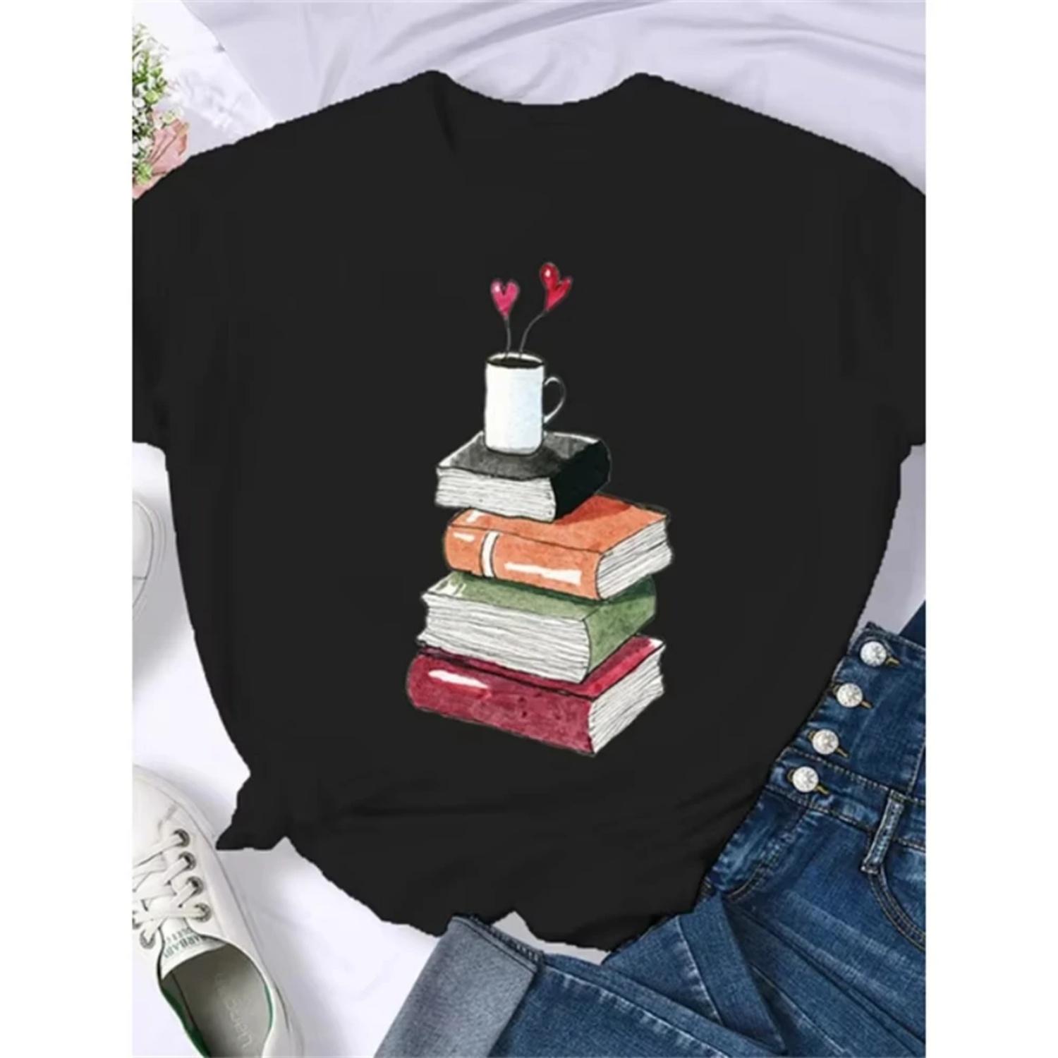 

Coffee Books Brown books American retro T-shirt woman round neck half sleeve T-shirt printed T-shirt top woman oversized S чёрный