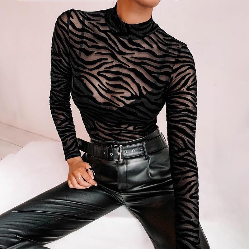 Women's Autumn Fashion Striped See-Through Bodysuit - Slim Fit, Long Sleeve, Casual Base Layer