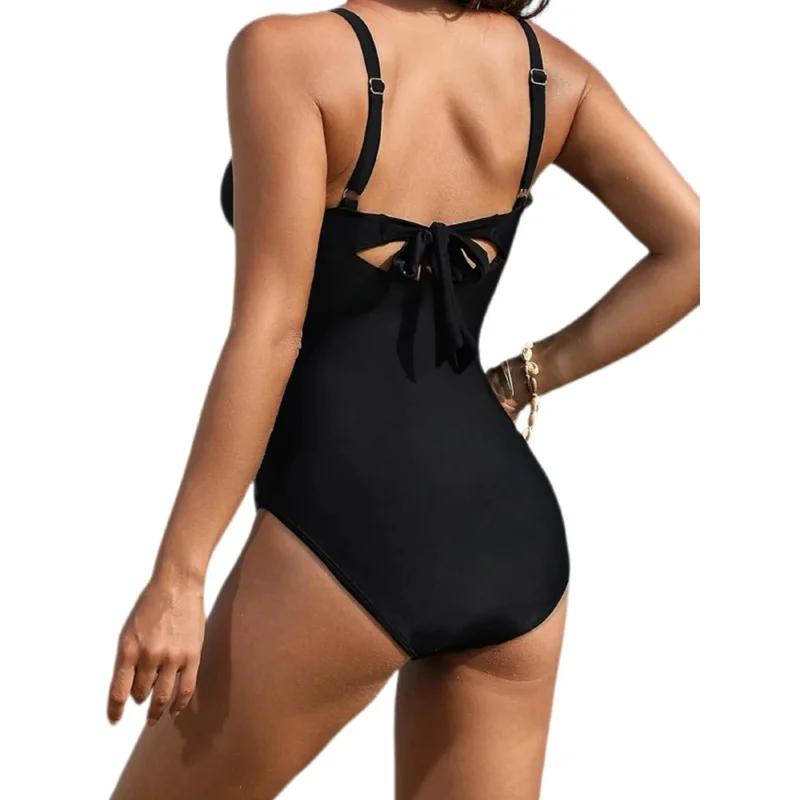 Fashion Sexy Skinny Swimwear Women Pleated Mesh Cross V Neck Suspender One Piece Swimsuit 2025 New Solid Bathing Suit Beachwear