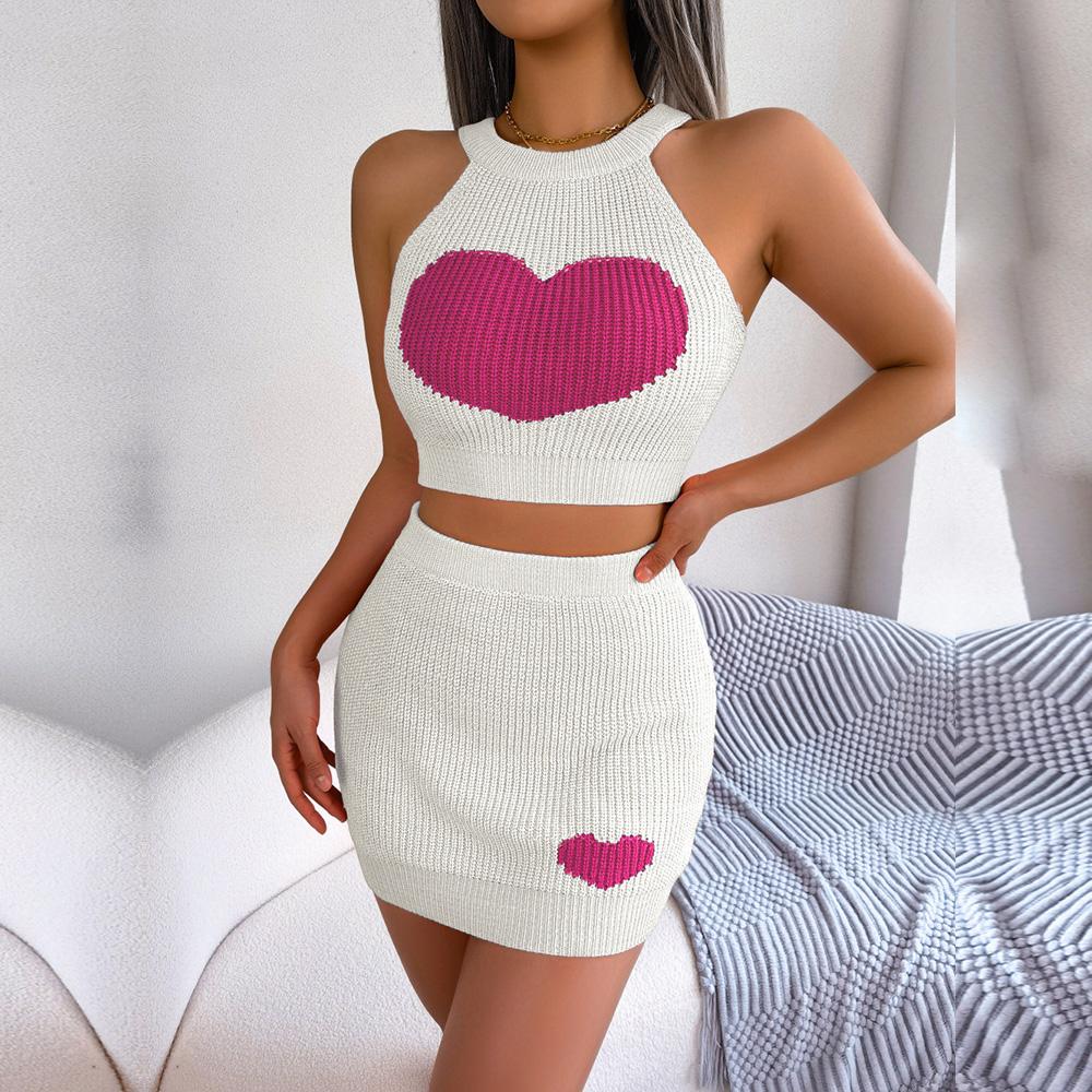 Women Spring Summer  Halter Neck  Sleeveless Heart Knitted Warp Hip Skirt Suits