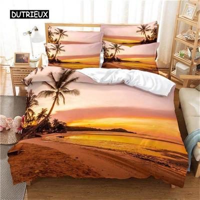 Funda Nórdica Escena de Playa Verano Paisaje de Hawái Juego de Cama Individual Completo King Para Niña Niño Microfibra Árboles Tropicales Funda de Edredón