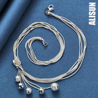 925 Sterling Silver Five Snake Chain Frosted Smooth Bead Necklace Fashionable Wedding Jewelry