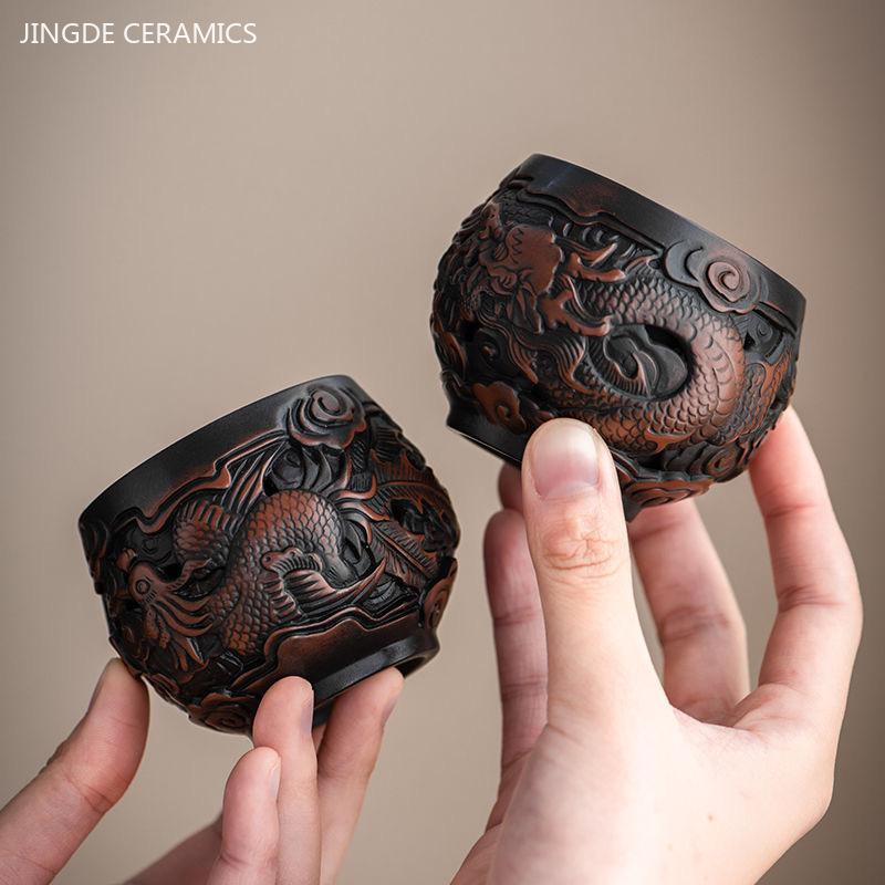 90ml Purple pottery vintage tea cup hand-carved ceramic master cup Traditional dragon phoenix single cup custom tea accessories
