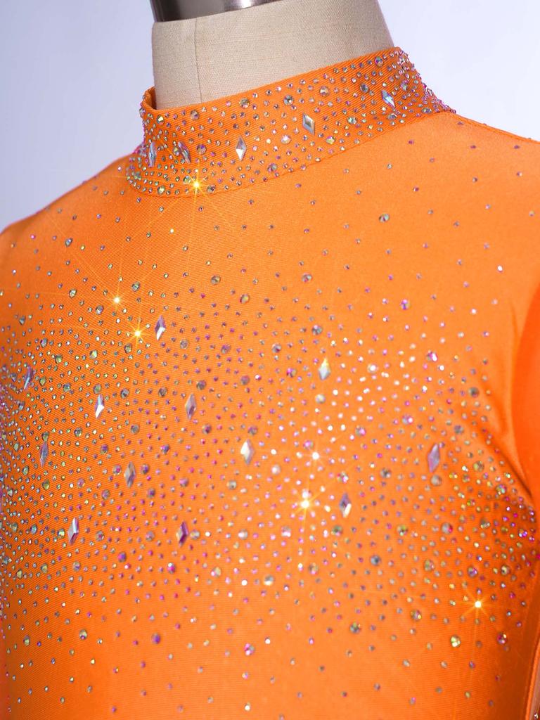 Dívčí průhledný síťovaný crop top s dlouhým rukávem a rolákem, lesklé kamínky, klíčová dírka vzadu, kostým pro lyrický tanec