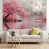 2D Monochrome Grey Tone Pink Sakura and Moon Landscape