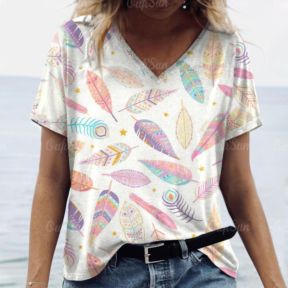 2024 New Women T-shirt Peacock Feather Print Plus Size Top Summer Women's Trend Clothing Fashion Short Sleeve Shirt V-Neck Tees