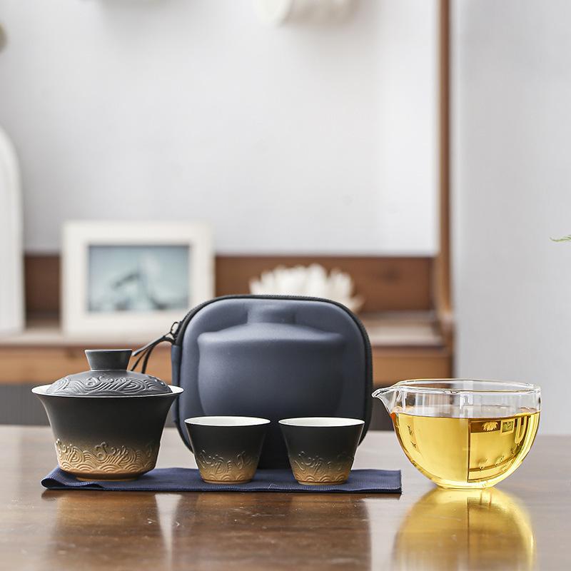 Black Pottery Teapot And Tea Cup Set Kit Tea Making Travel Tea Set Outdoor Portable Bag Chinese Tea Set Supplies 1 Bowl 2 Cups