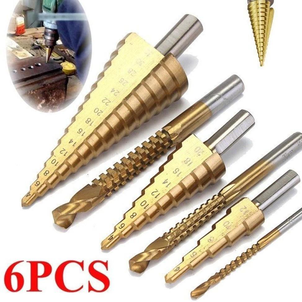 6-Piece Titanium Coated Serrated Step Drill Bit Set - Rustproof, Durable, High-Efficiency Twist Hole Opener.
