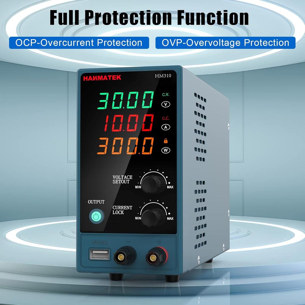 Adjustable DC Power Supply 0-30V 0-10A with USB Charging and Enable/Disable Button