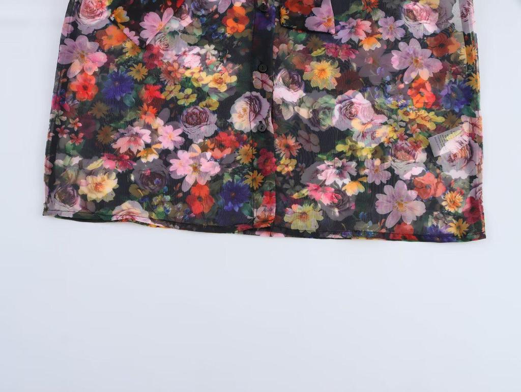 2025 Spring Women's European & American Organza Print Puff Sleeve Shirt