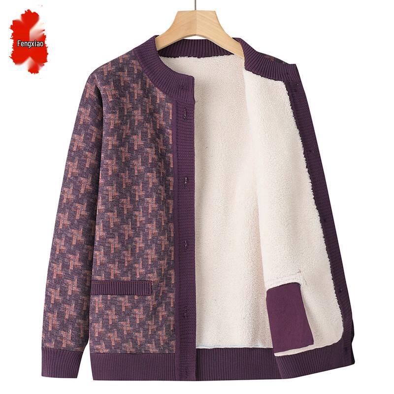 

Elderly Women s Warm Plus-Velvet Striped Knit Cardigan 2XL