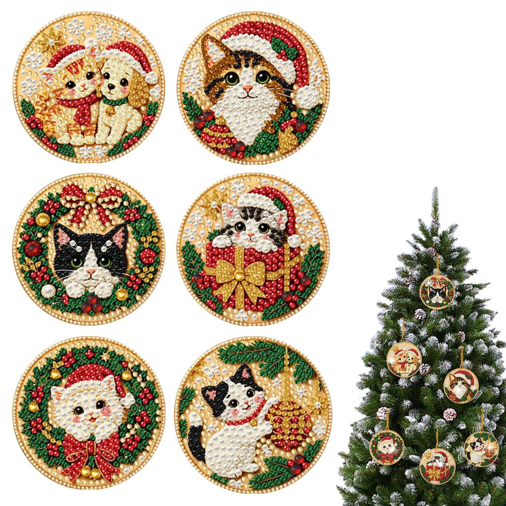 DIY Diamantmalerei Weihnachtsornamente 6 Stück Holz Runde Anhänger Harz Edelstein Feiertagsdekorations-Set