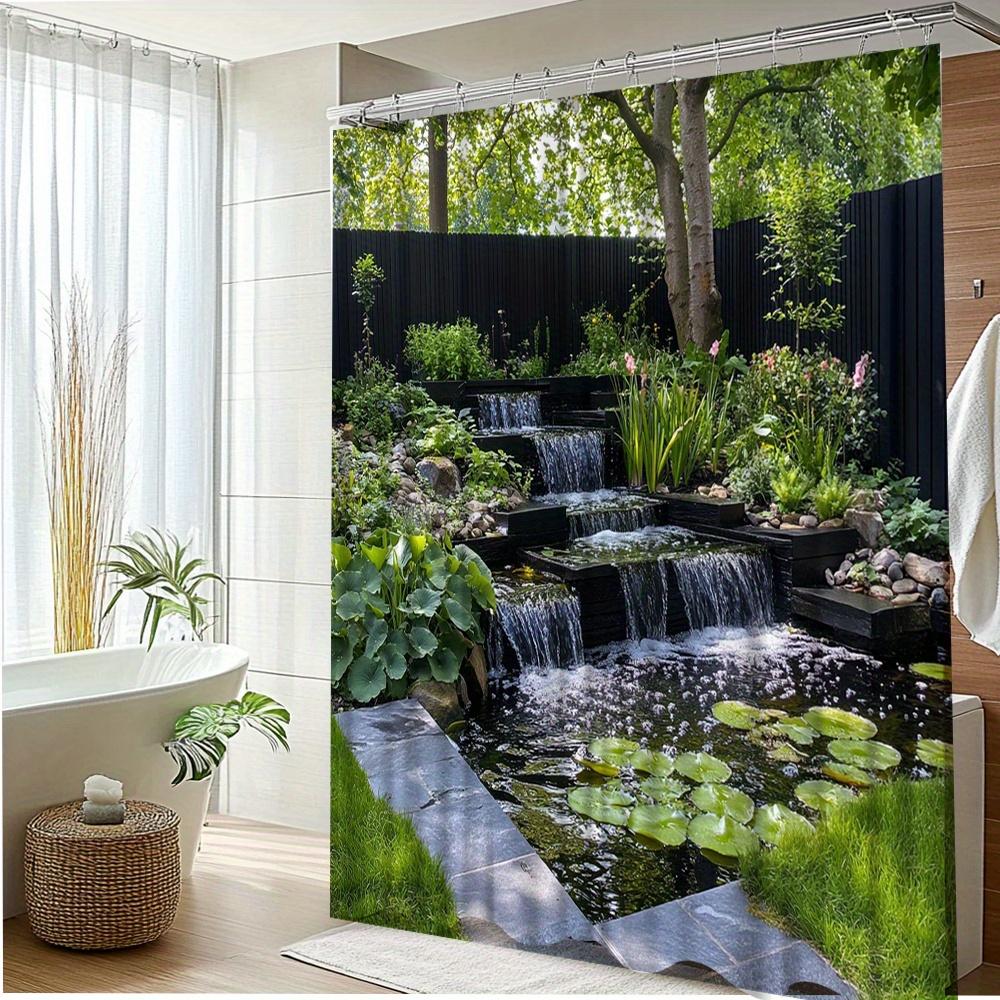 1 Pezzo Tenda da Doccia Cascata Naturale Paesaggio Stagno Panoramico con Vegetazione Arredo Bagno Tessuto in Poliestere Con 12 Ganci