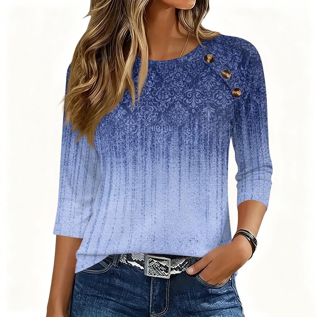Womens 34 Sleeve Crew Neck Button T Shirt Geometric Pattern Pullover Casual Loose Fit Top for Daily Wear