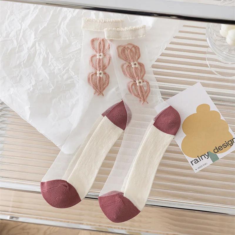 See Through Transparent Nylon Long Socks Women Summer Ultra-thin Breathable Crystal Silk Socks Embroidery Floral Cute Lace Socks