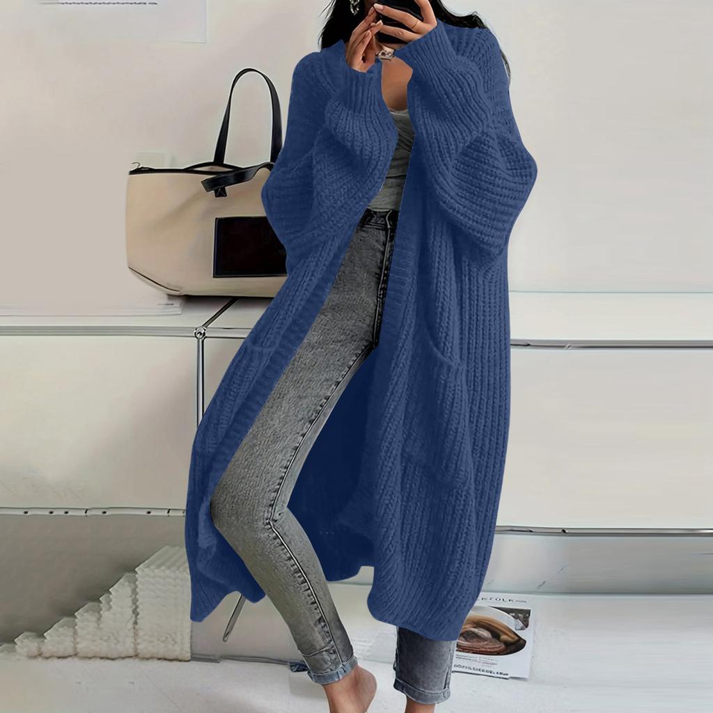 Women's Solid Color Long Sleeved Knee Length Knitted Cardigan, Lazy Trend, Medium Long Hair Jacket