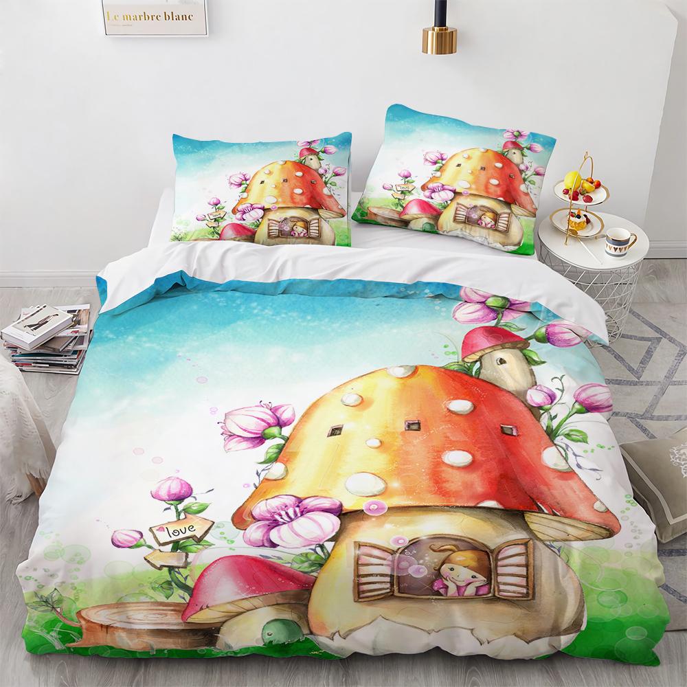 Niedliches Pilzmuster Polyester Bettwäscheset Magisches Pilzhaus King Queen Full Size Bettbezugset Erwachsene Kinder Bettdeckenbezug
