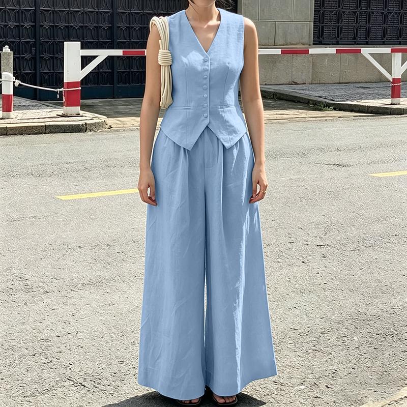 ZANZEA Lässiger Zweiteiler für Damen, ärmelloses Westentop und Hose mit weitem Bein