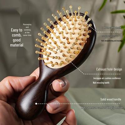 Purple Sandalwood Air Cushion Massage Comb - Portable Smooth Hair & Scalp Meridian Comb with Sheep & Cow Horn