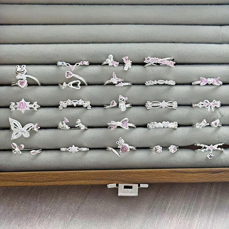 Light Luxury Sweet Cool Pink Cute Full Diamond Zir*****Pening Adjustable Ring Niche Design High-End Ring Woman
