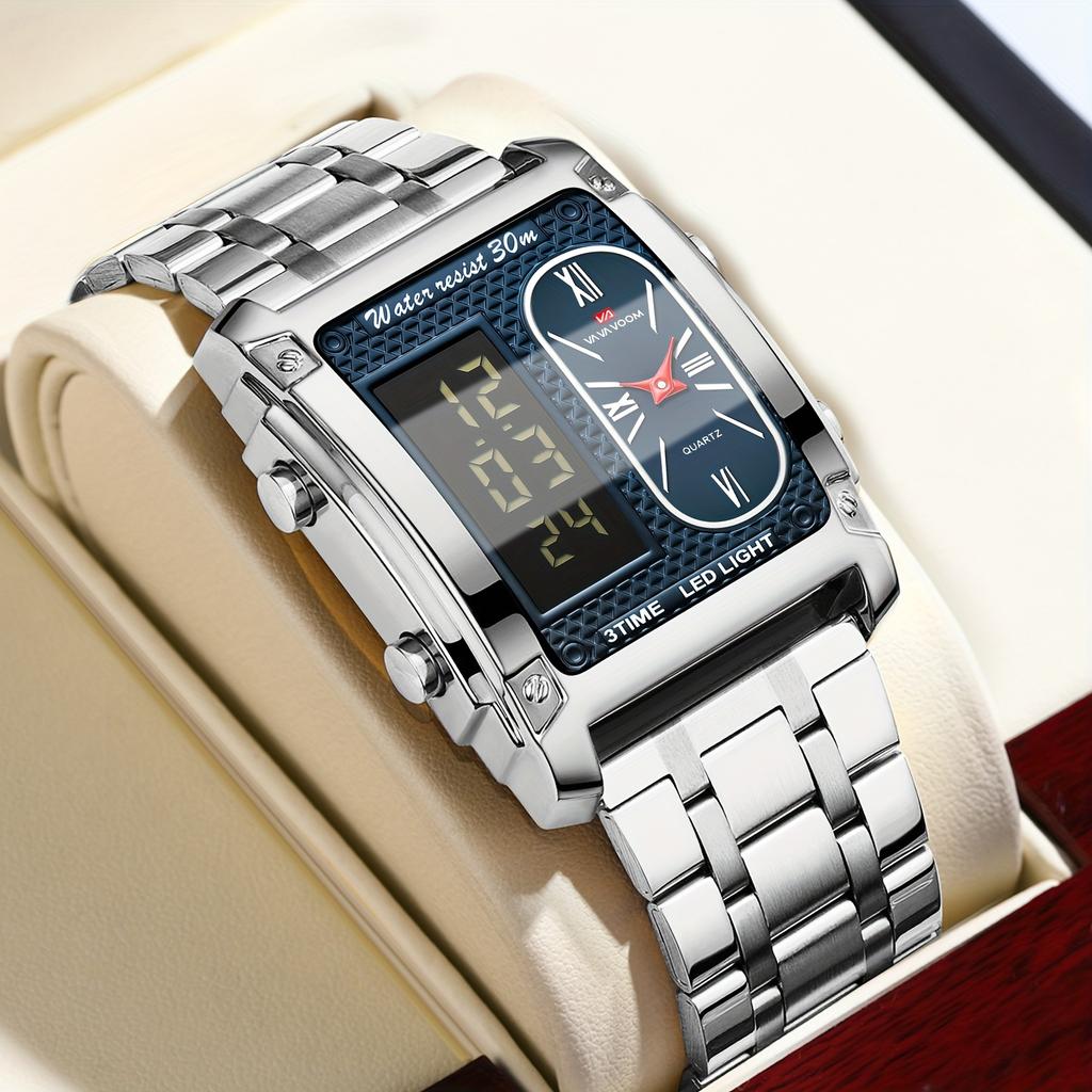 VA VA VOOM Men Watch Men’s Digital Watches with Dual-movement Display, Electronic Display + Analog Display,Stainless Steel Luminous Alarm Wristwatch