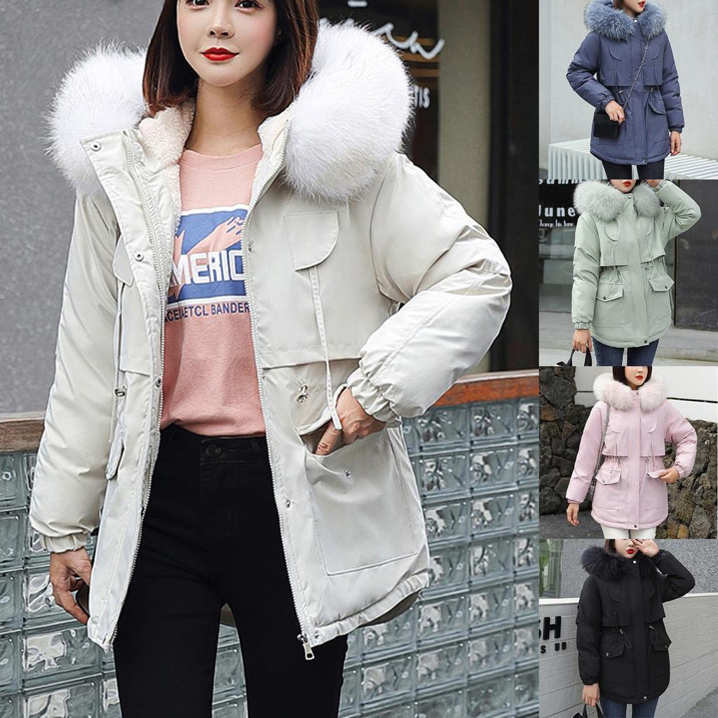 Women Fashion Long Sleeve Solid Color Warm Hooded Cotton Zipper Casual Jacket Coat